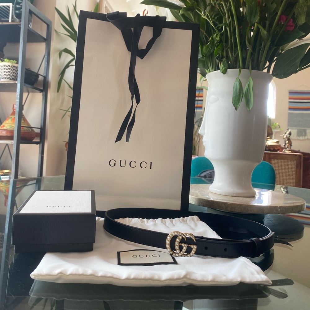 Gucci Leather Belt with Pearl Double G Buckle